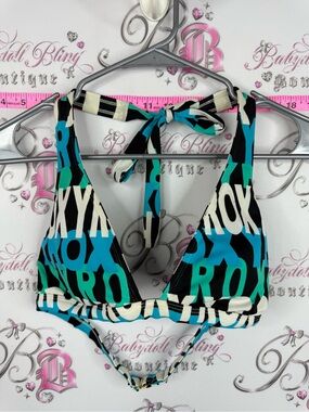 Roxy bikini top reversible Blue, Teal & Black Logo Triangle Halter Swim Top